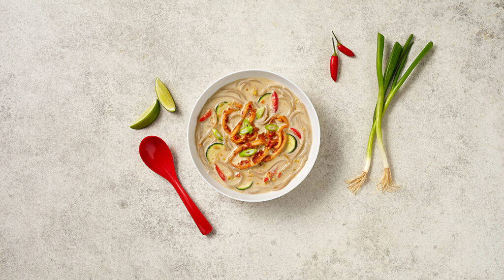 Coconut Edamame Noodle soup with Calamari Trident Foods